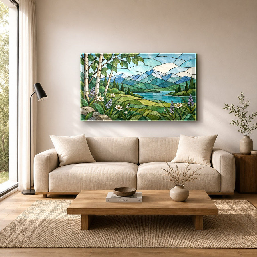 Side profile of the glass wall art highlighting the sleek aluminum alloy frame in a living space