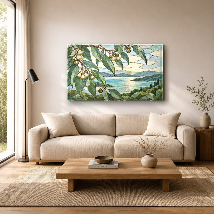 Leaf patterned glass art piece mounted on an accent wall in a cozy reading nook