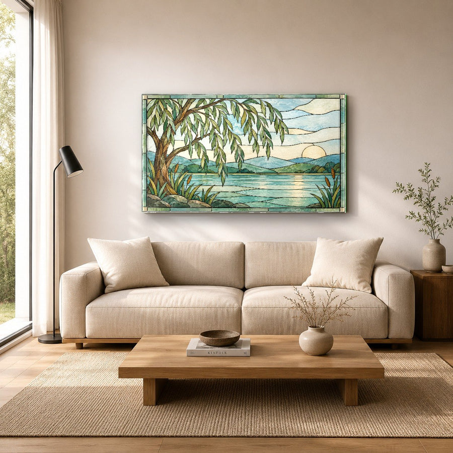 Stained glass forest art mounted on an exposed brick wall in a modern loft