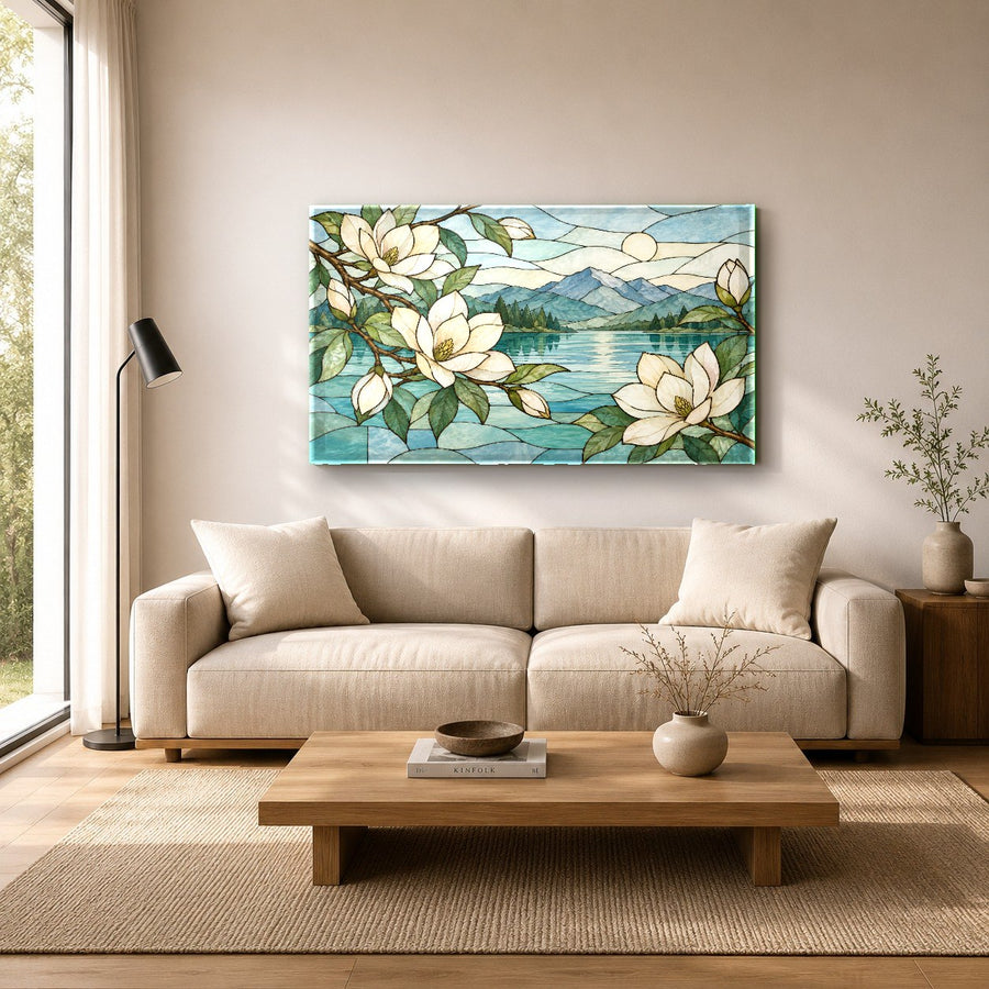 Close up of high gloss tempered glass print showing rich details of magnolia petals
