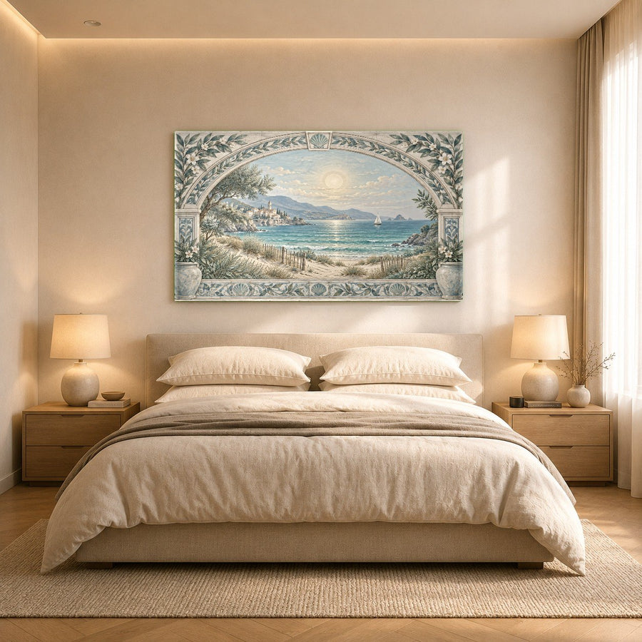 A serene master bathroom featuring a waterproof coastal archway glass art print next to a freestanding tub.