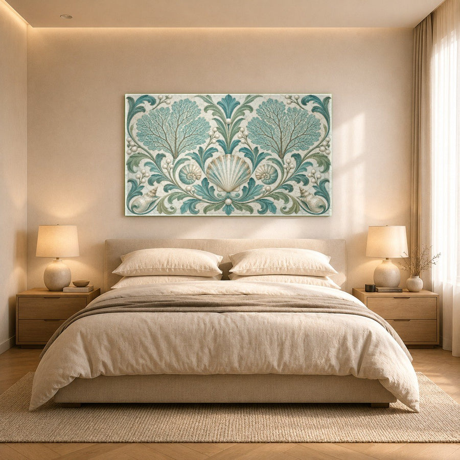 Detail shot of the aluminum float frame on the back of a Coral Pearl glass print hanging in a dining room.