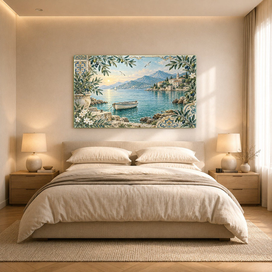 A cozy reading nook featuring a coastal landscape tempered glass print hanging beside a linen armchair.