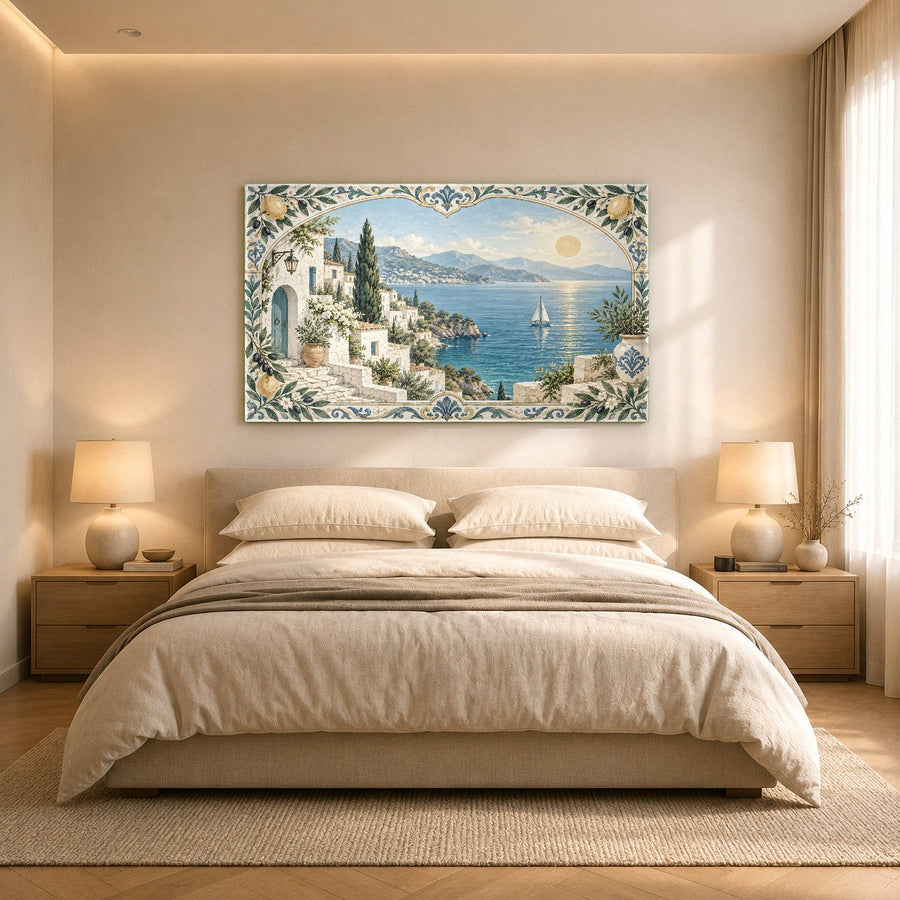 Sun-drenched Italian terrace glass art piece styled above a credenza in a foyer