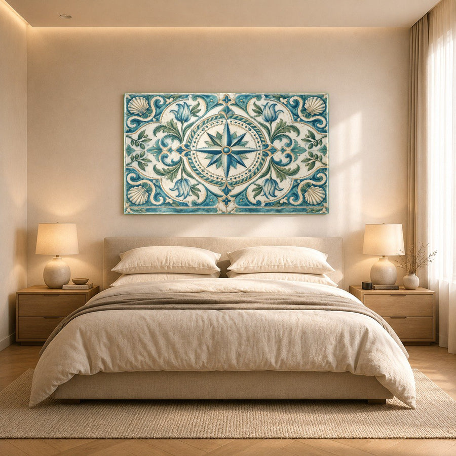Compass rose glass wall decor displayed in a contemporary reading nook