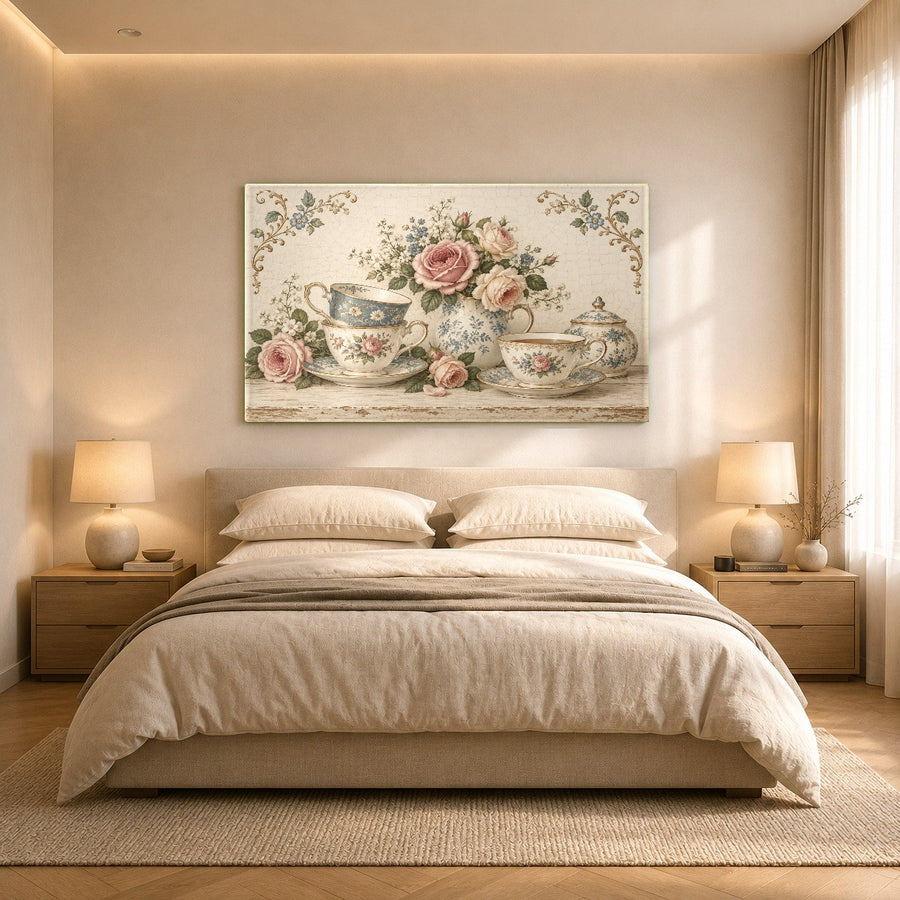 Rose Teacups Glass Wall Art showcased in an upscale urban kitchen setup