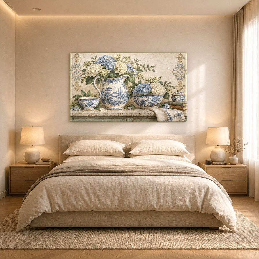 Botanical glass print displayed in an interior design studio office