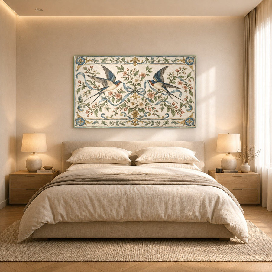 Serene spa waiting room featuring peaceful flying birds glass wall art