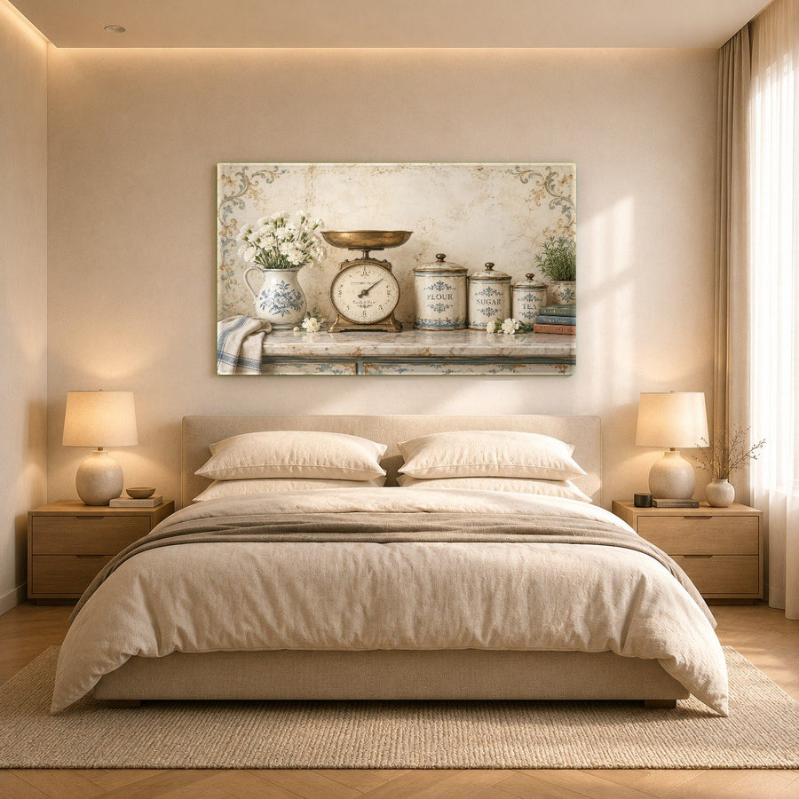 Tempered glass kitchen art reflecting soft warm lighting in an open-concept living space