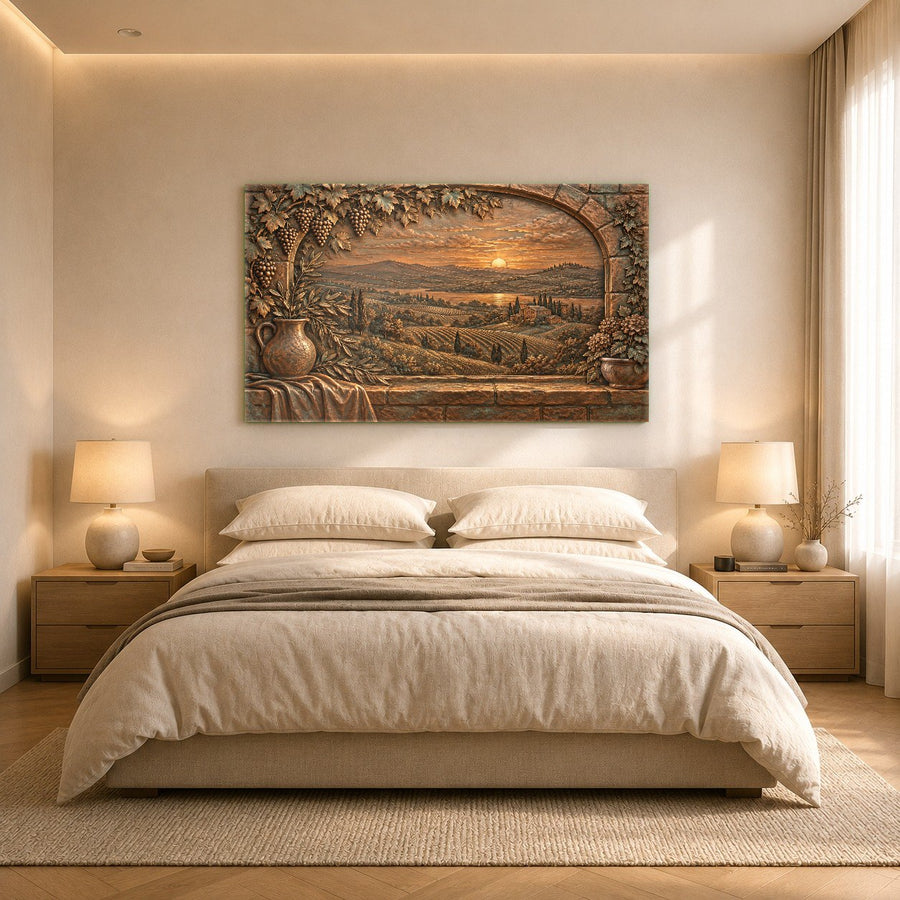 Tuscan Archway Glass Wall Art hanging in a minimalist hallway with natural light