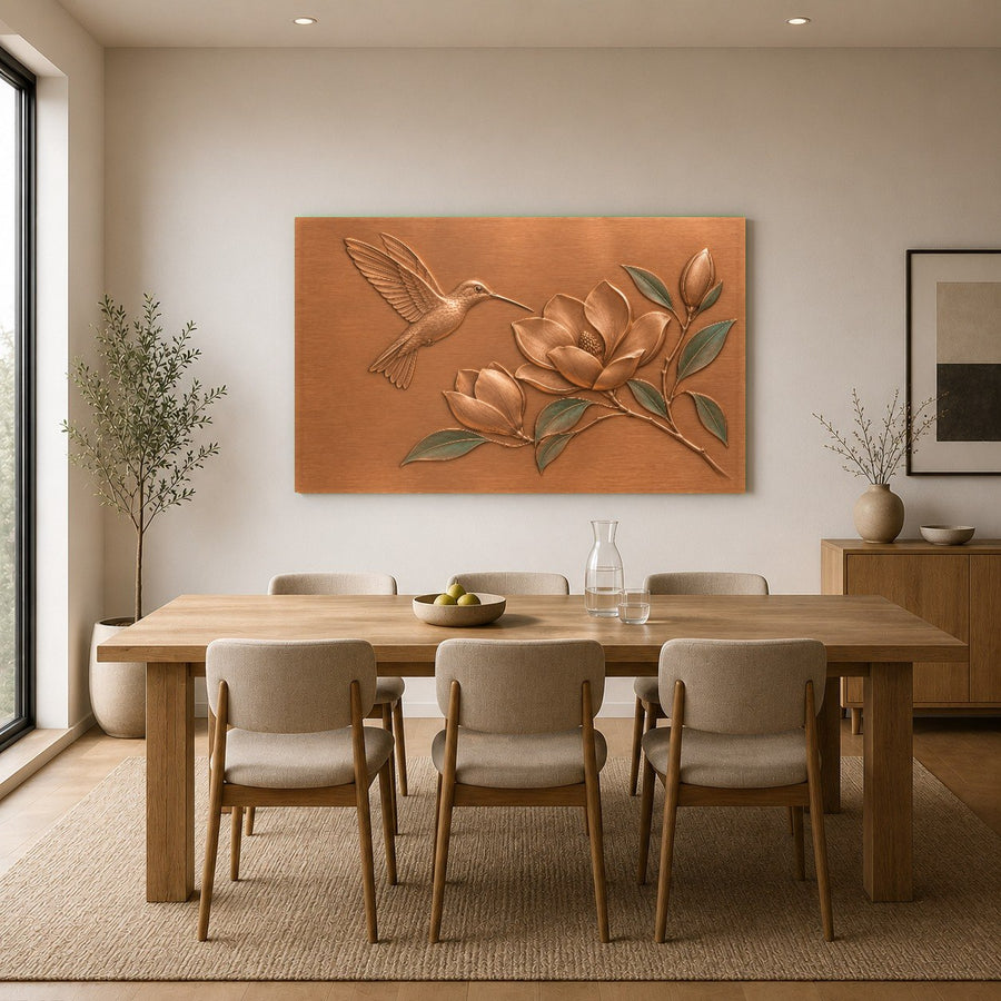 Spacious loft interior featuring an oversized magnolia glass print