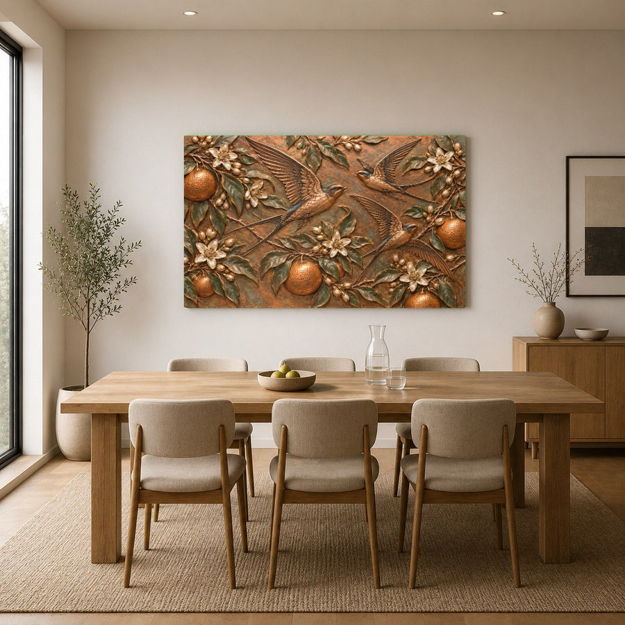 Interior mockup of Orange Swallows Glass Wall Art above a wooden console table