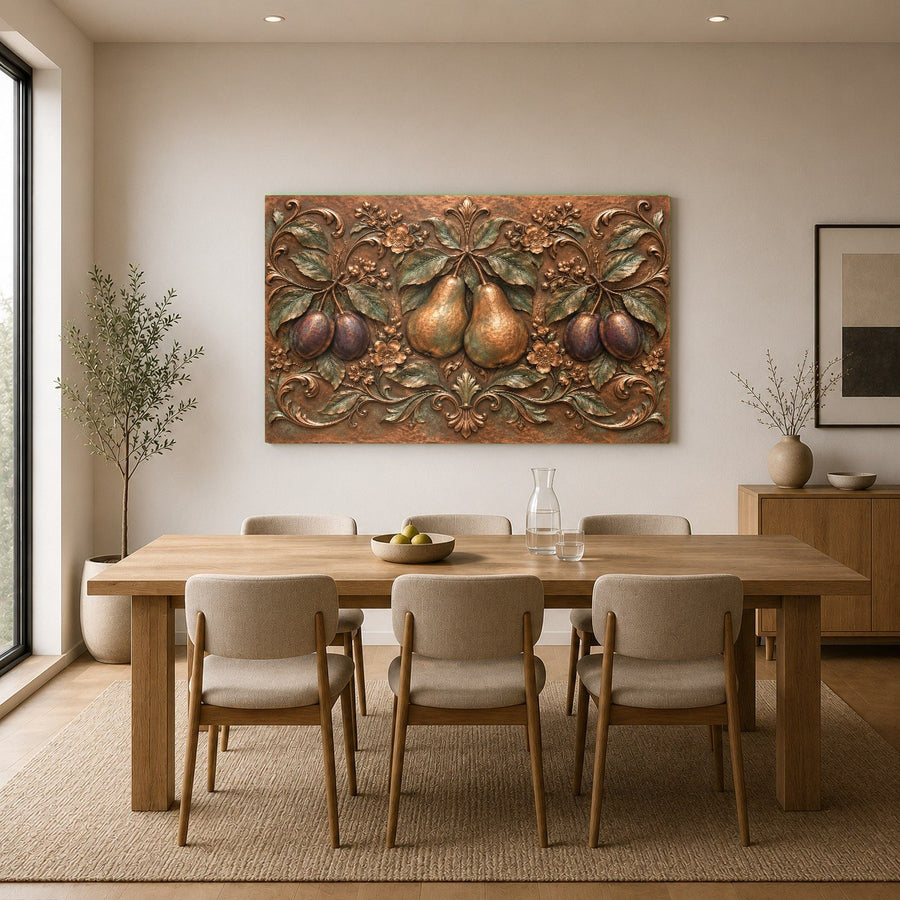 Oversized Pear Plum glass wall hanging positioned in a spacious contemporary open-concept home