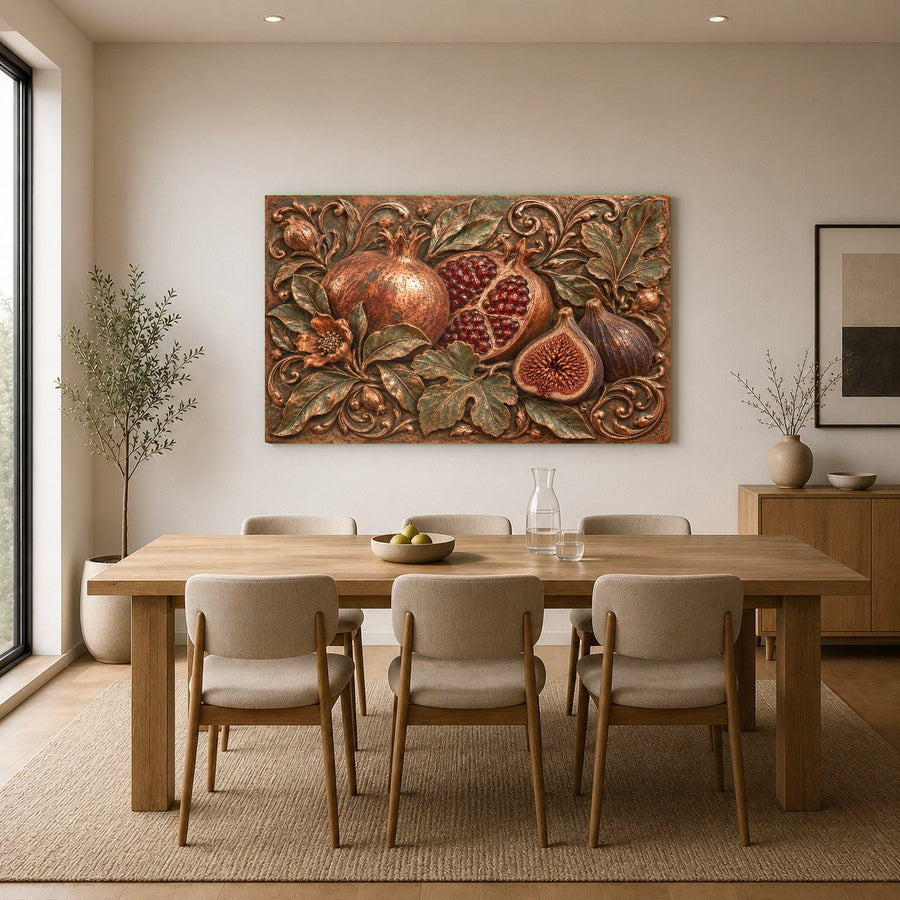 Pomegranate Fig tempered glass print hanging on a dark textured accent wall
