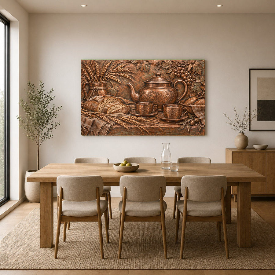 Country home accents wall art featuring a rustic tea scene in a suburban home