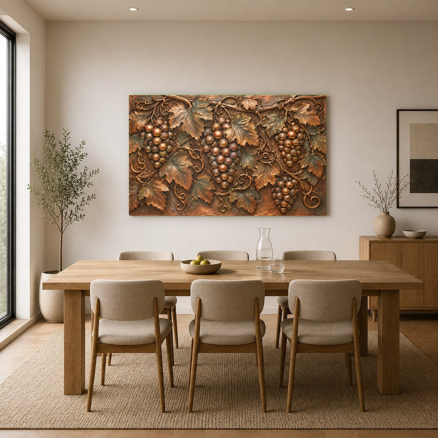 Earthy vineyard fruit wall decor styled against a neutral beige accent wall