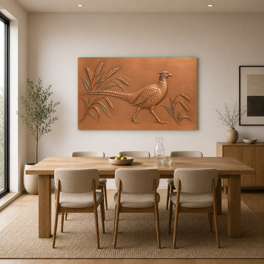 Elegant pheasant wall print on tempered glass styled in a modern farmhouse entryway