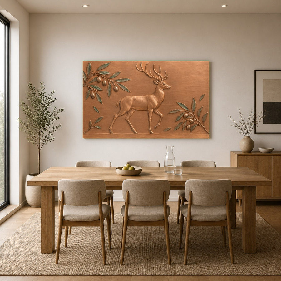 Woodland stag glass print complementing earth-toned interior furnishings in a luxury home