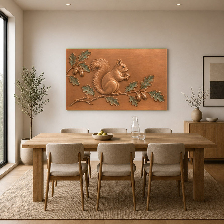 Wild animal glass print mounted in a hallway with minimalist wooden furniture accents