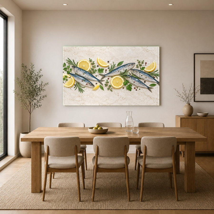Detailed shot of Mediterranean food glass wall art in a modern interior setting