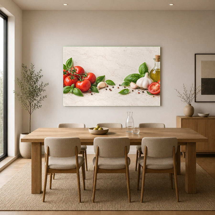Tomato basil art print on glass mounted in a sunlit breakfast corner