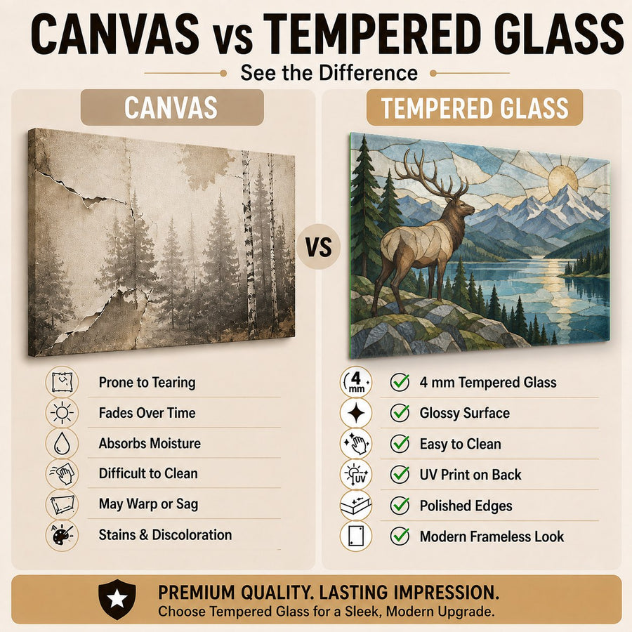 Sunlight reflecting off the sleek polished surface of Elk River tempered glass artwork
