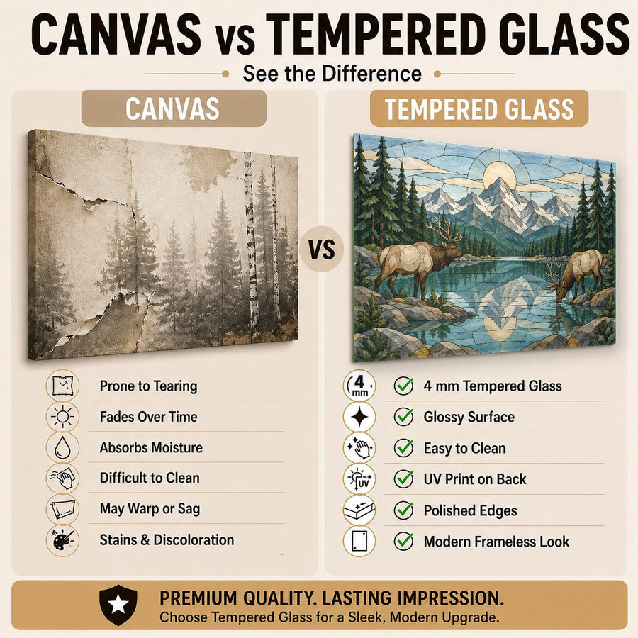 Sophisticated rustic cabin decor glass art styled in a luxury mountain retreat dining area with wooden table.
