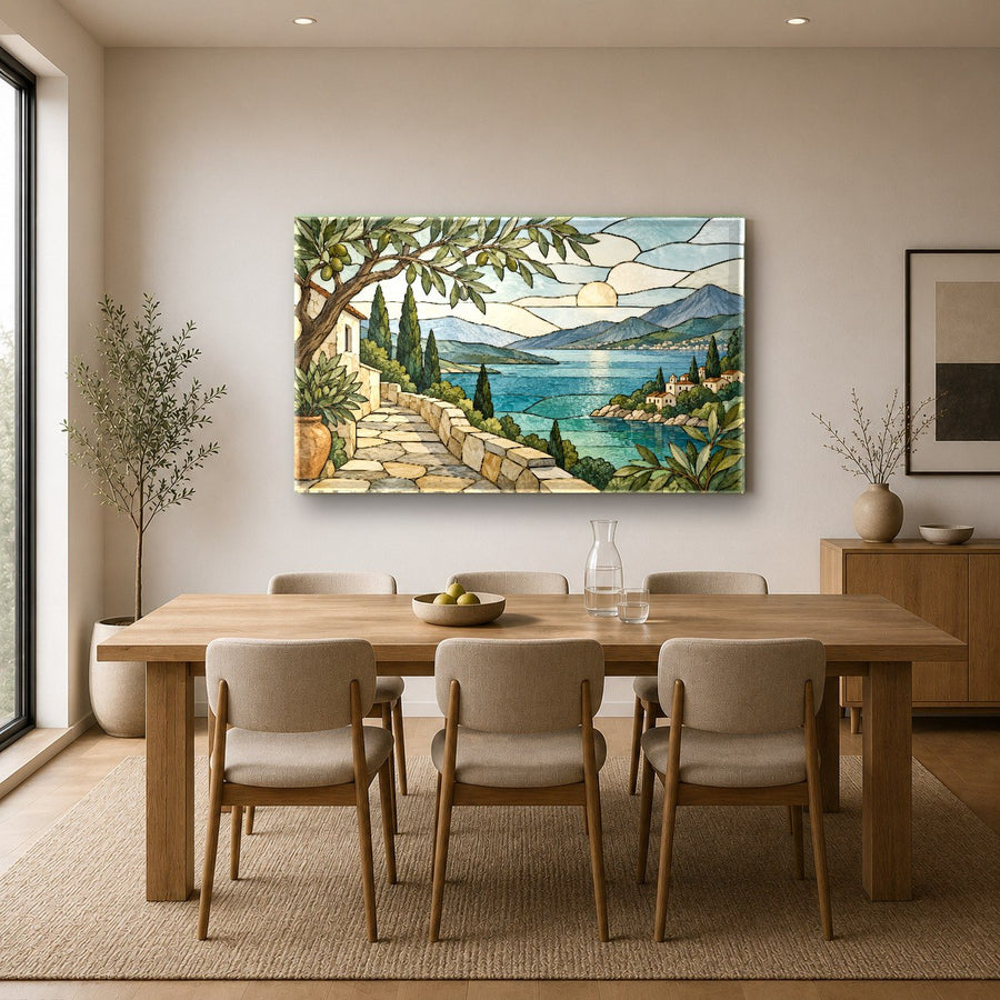 An elegant coastal-themed tempered glass art piece placed in a luxury guest suite above the bed.