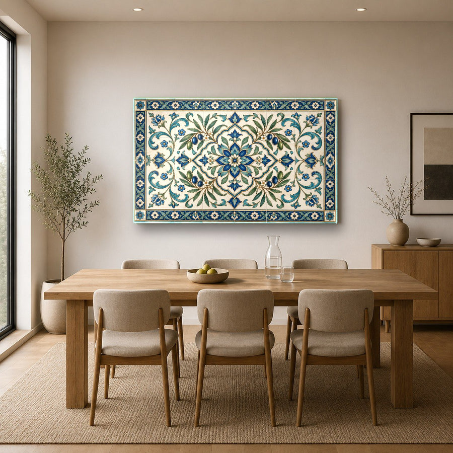 Sunlight illuminating the glossy surface of a Mediterranean tile glass wall hanging in a sunroom.