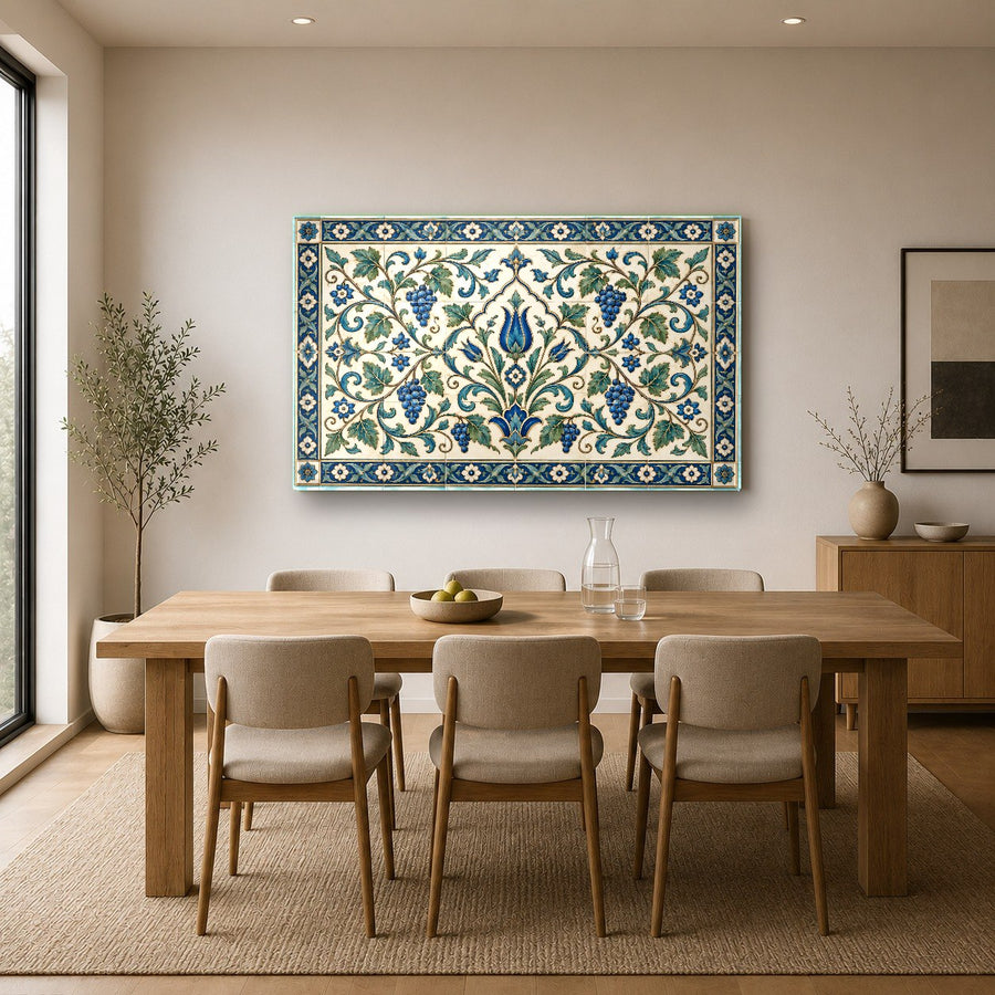 Vibrant blue Anatolian glass wall art in a contemporary urban loft
