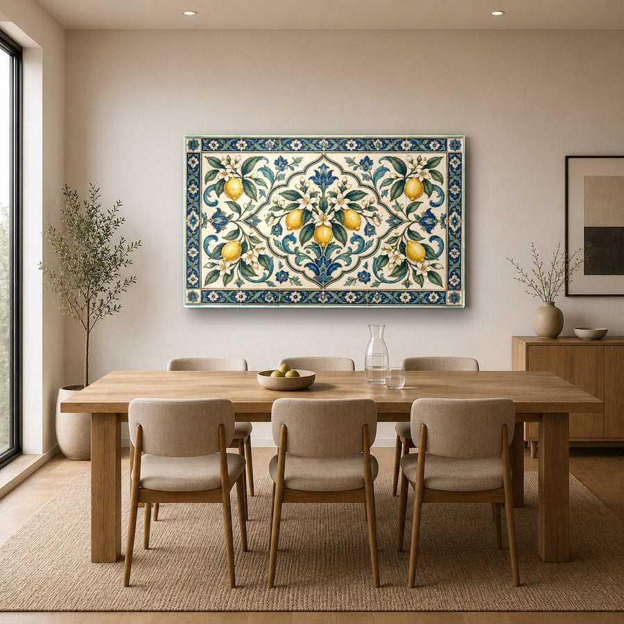 Vibrant botanical glass art adding a refreshing pop of color to a minimalist dining space.