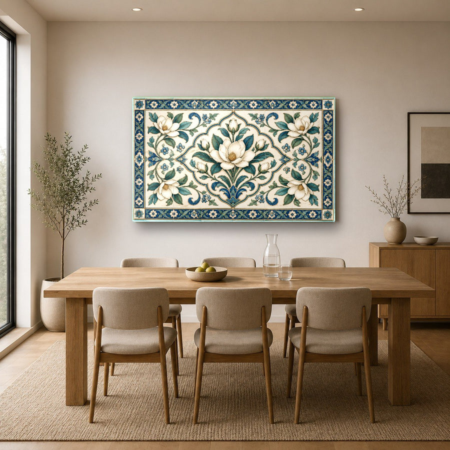 Blue and white coastal tempered glass art placed above a wooden entryway console