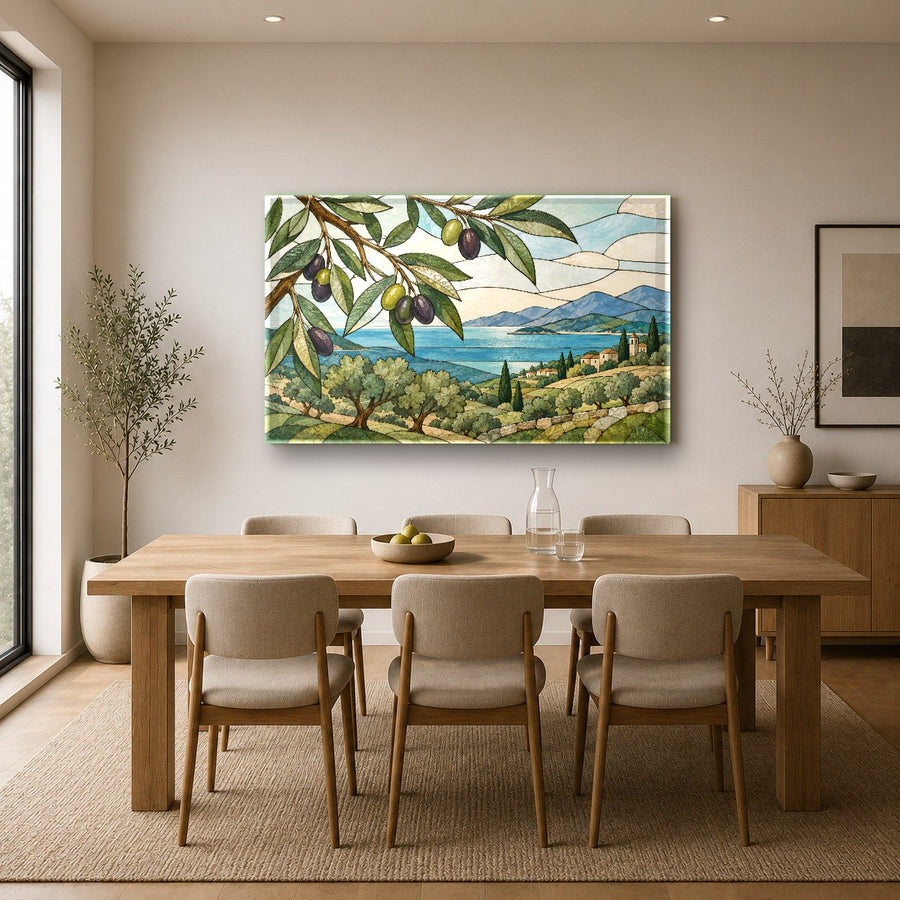 Tempered glass botanical artwork mounted above a modern sideboard in an apartment