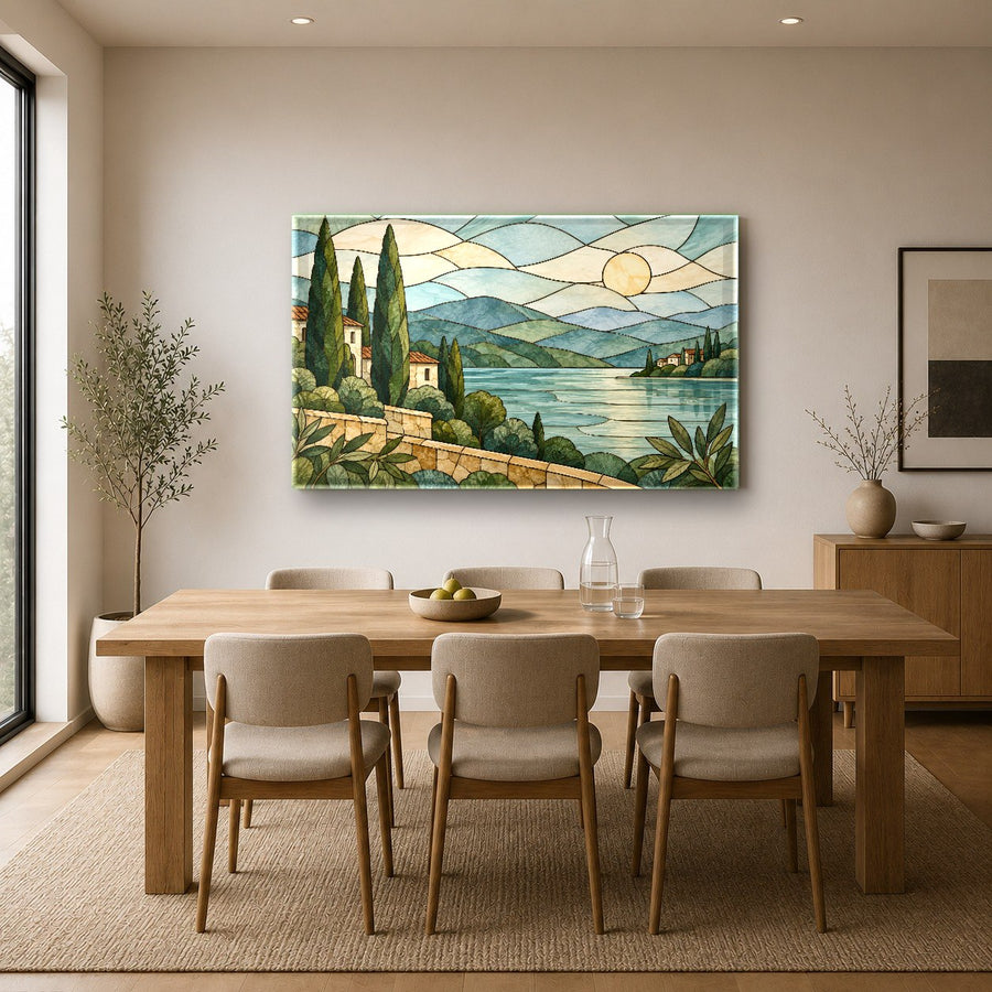 Stained Sunrise tempered glass print showcased in a high-end spa waiting area