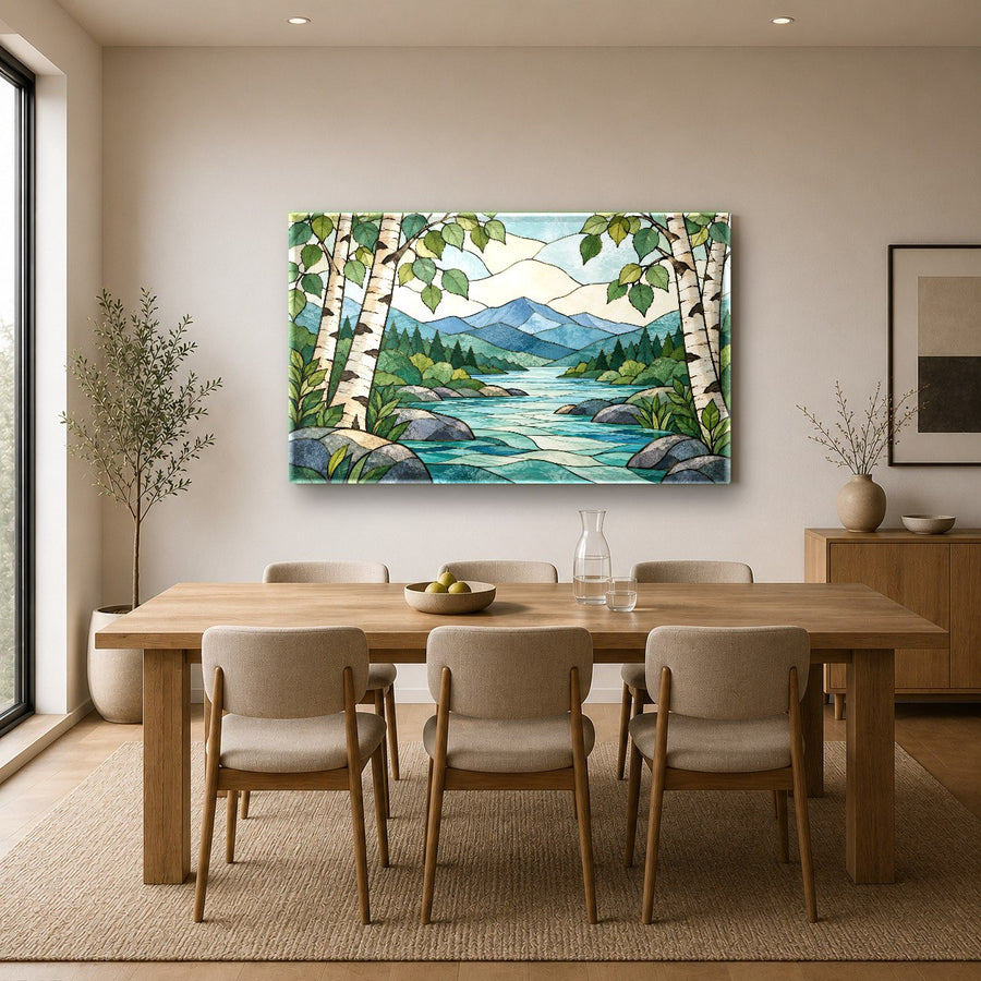 Alpine inspired glass wall art hanging in a chic urban apartment living area