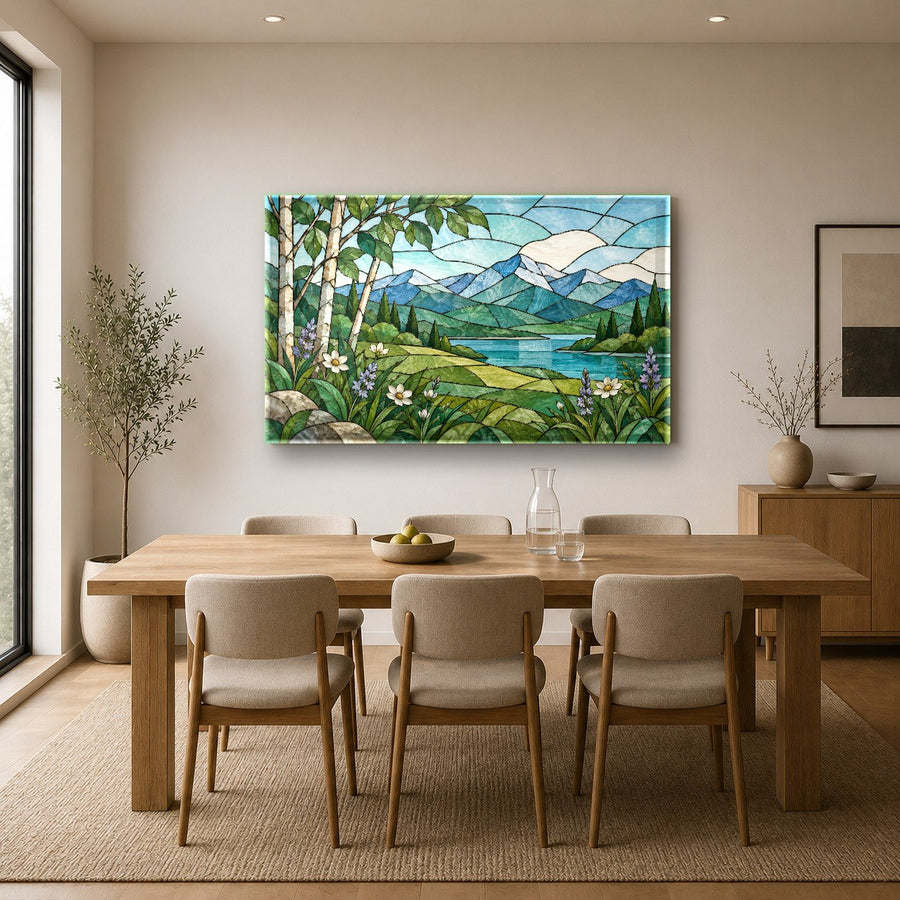 Nature stained glass wall decor centered above a fireplace mantel in a cozy family room