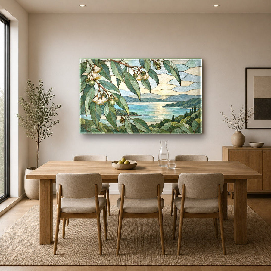 Colorful botanical glass print displayed in a stylish interior design showroom
