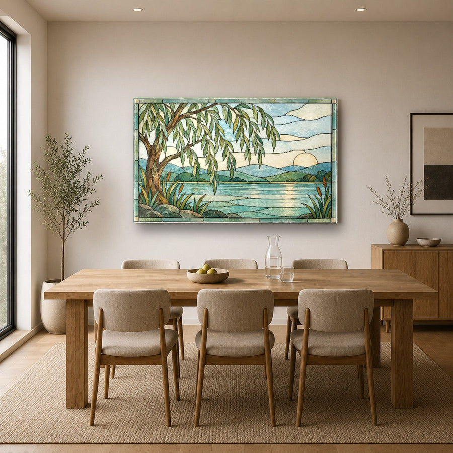 Wide shot of a luxury living room interior featuring a large colorful tree glass print