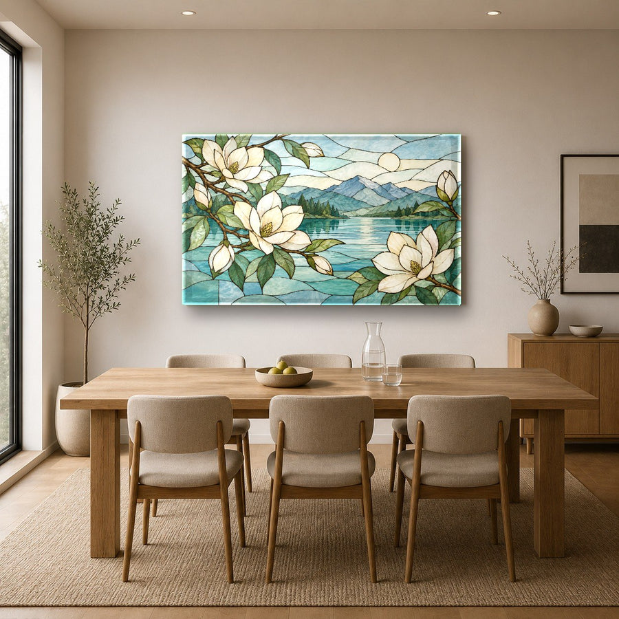 Magnolia Stained Glass Wall Art mounted in a tranquil spa relaxation room decor