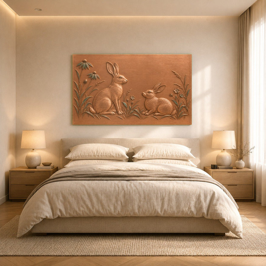 Detailed side-profile shot of the Meadow Hares glass wall art hanging securely with aluminum float frame