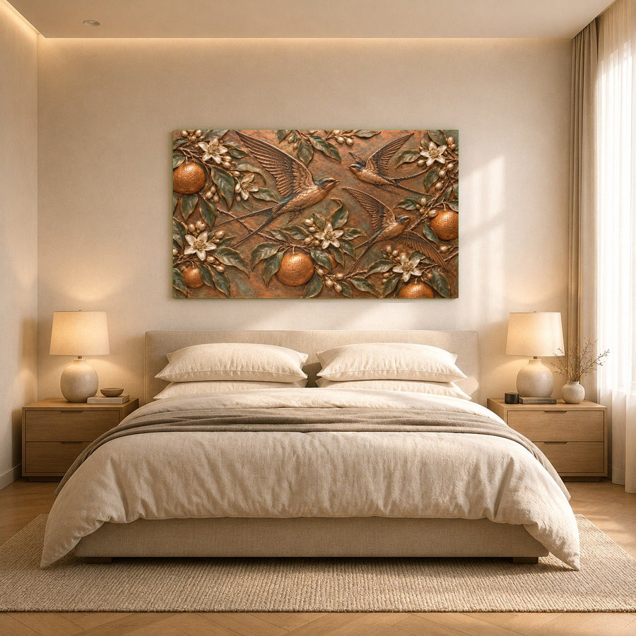 Detailed shot of colorful swallow bird wall art in a modern apartment setting