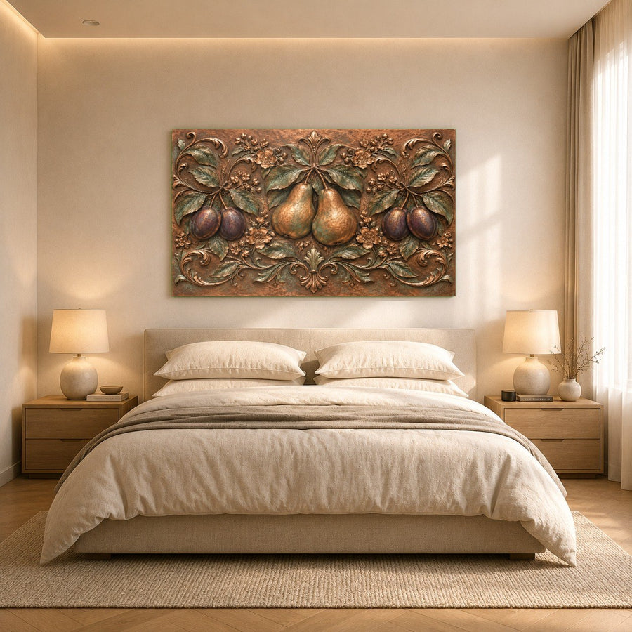 Pear Plum artwork styled in a transitional dining area with rustic and modern elements