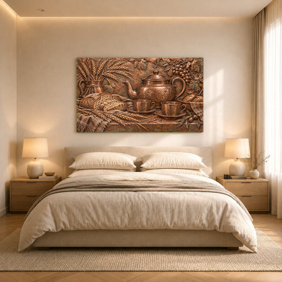 Frameless tempered glass art print mounted on a textured grey accent wall