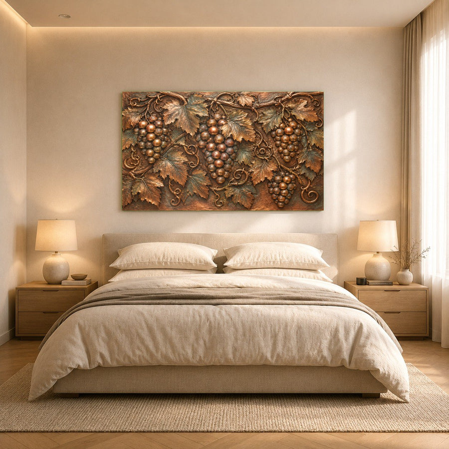 Elegant vineyard grapes print on tempered glass in a boutique hotel lobby
