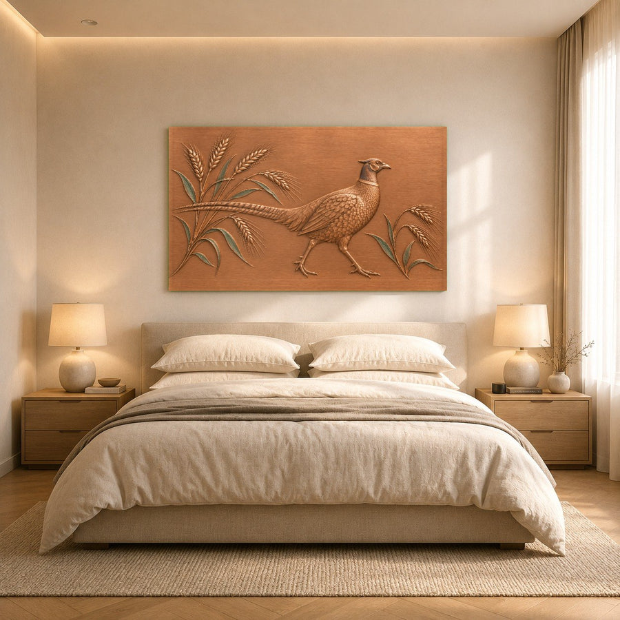 Grand wheat pheasant glass art piece showcased as a focal point in a spacious loft living area