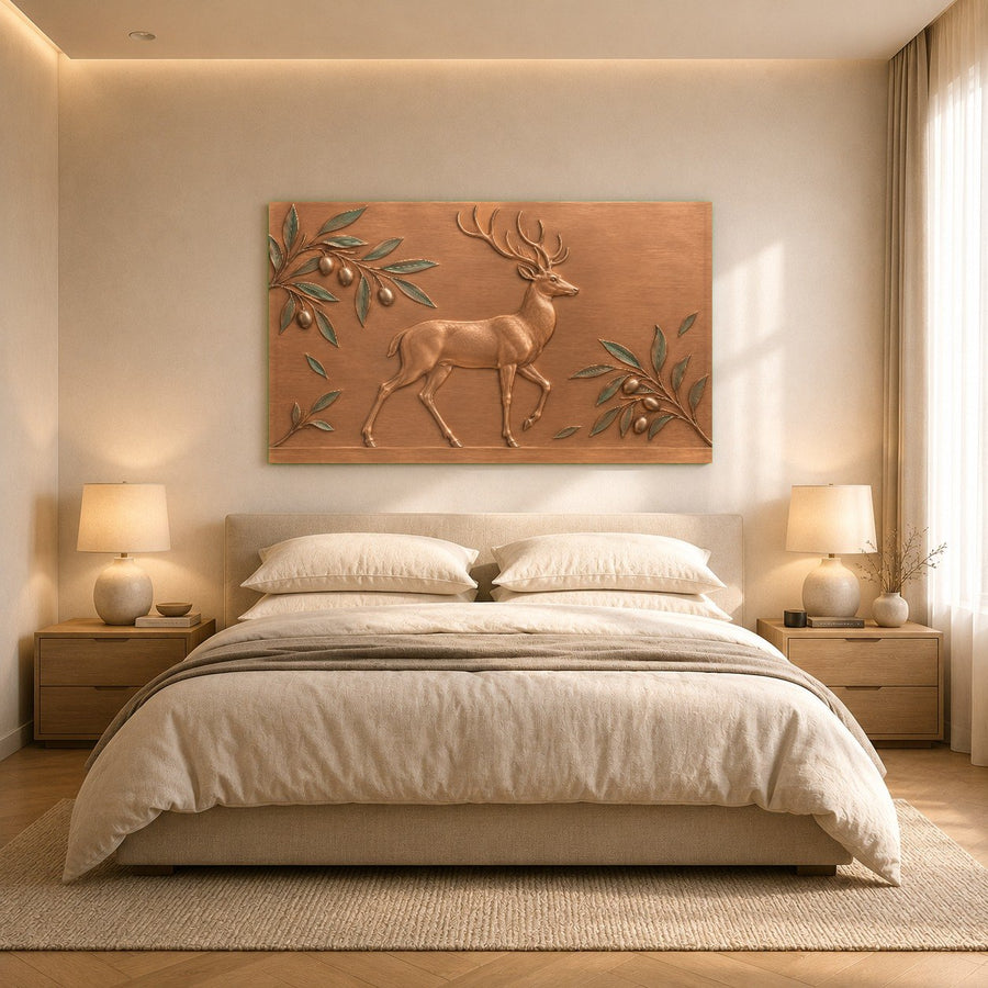 Close-up detail of the majestic stag glass wall art showing vibrant UV-resistant colors
