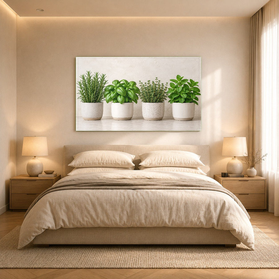 Minimalist kitchen wall decor showcasing a sleek framed glass print of potted herbs