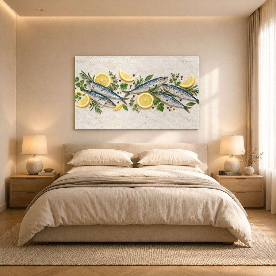 Sardine Lemon Glass Wall Art ready to hang with sleek aluminum frame