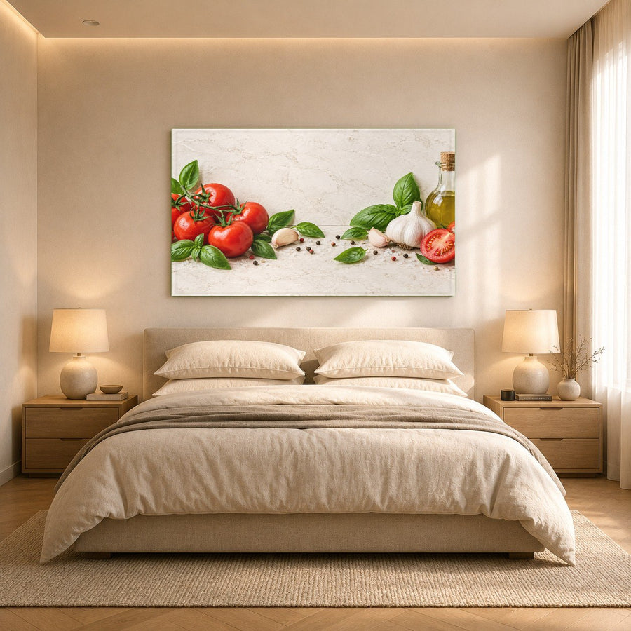 Culinary tempered glass wall hanging displayed in a modern hospitality lounge