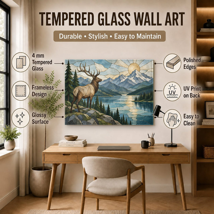 Elk River glass wall print staged in a rustic contemporary mountain retreat study